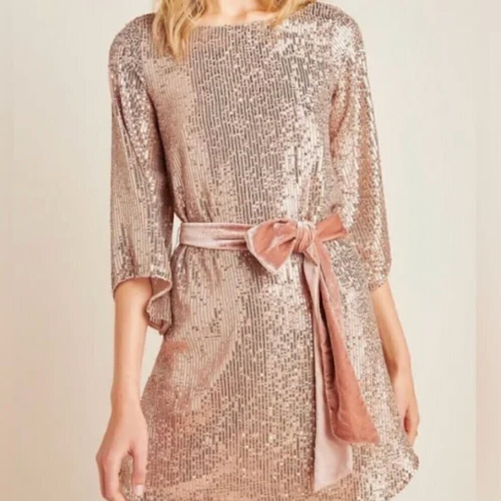 By Anthropologie Womens PartySequin Dress Size Small Rose Color Belted Waist NWT